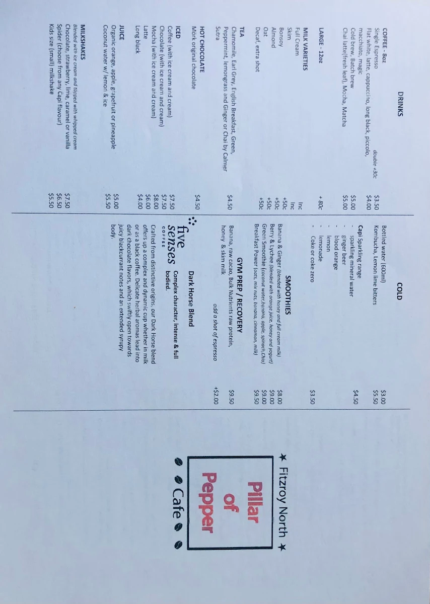 Menu, Pillar Of Pepper cafe