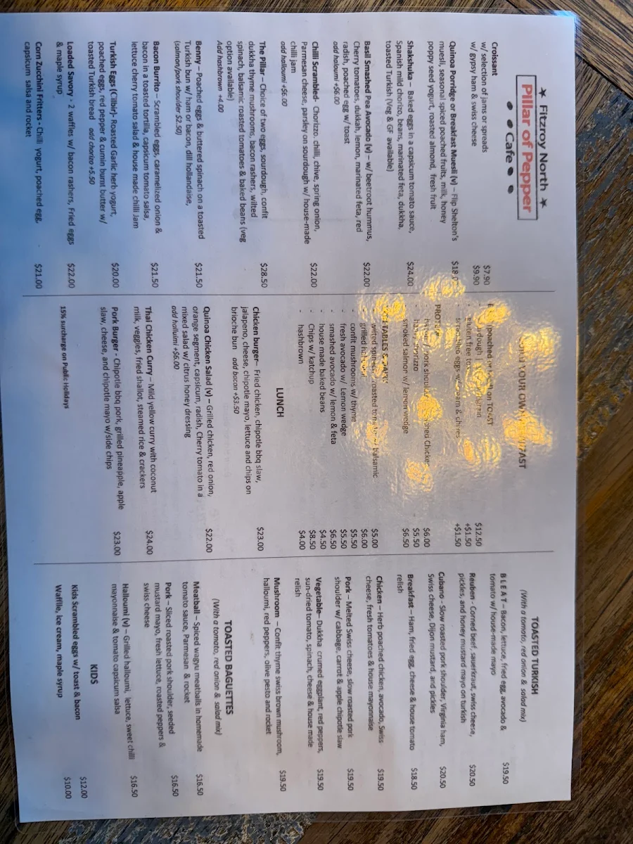 Menu, Pillar Of Pepper cafe