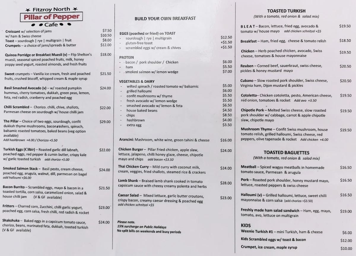 Menu, Pillar Of Pepper cafe