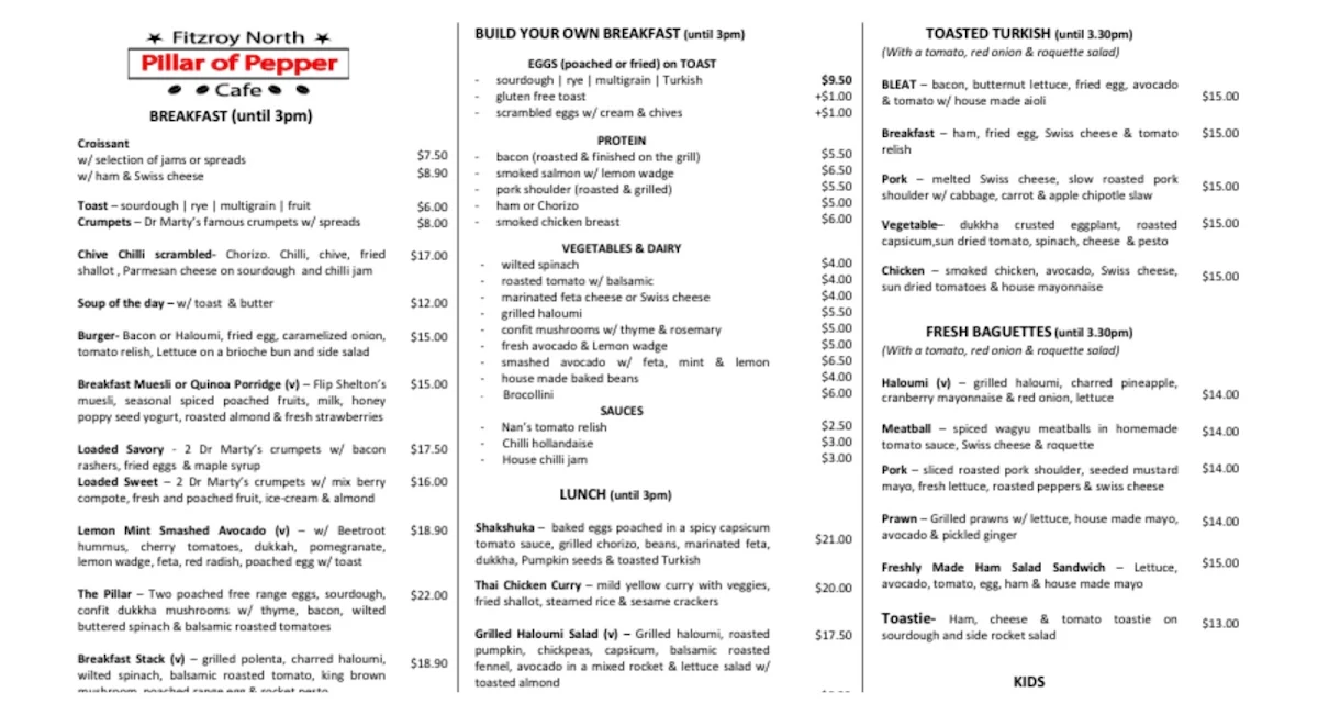 Menu, Pillar Of Pepper cafe