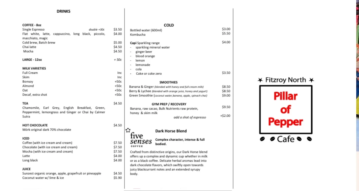 Menu, Pillar Of Pepper cafe