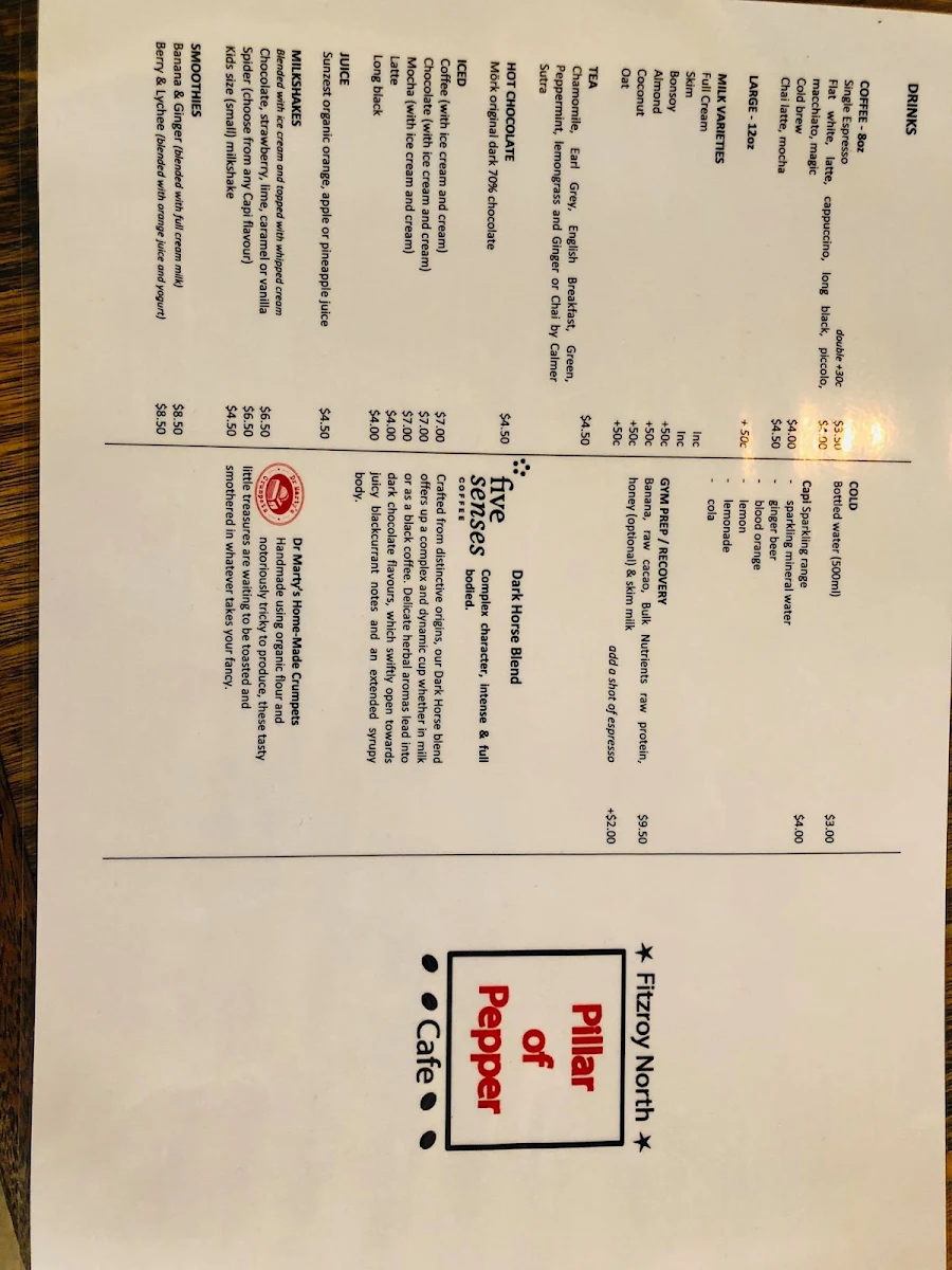 Menu, Pillar Of Pepper cafe