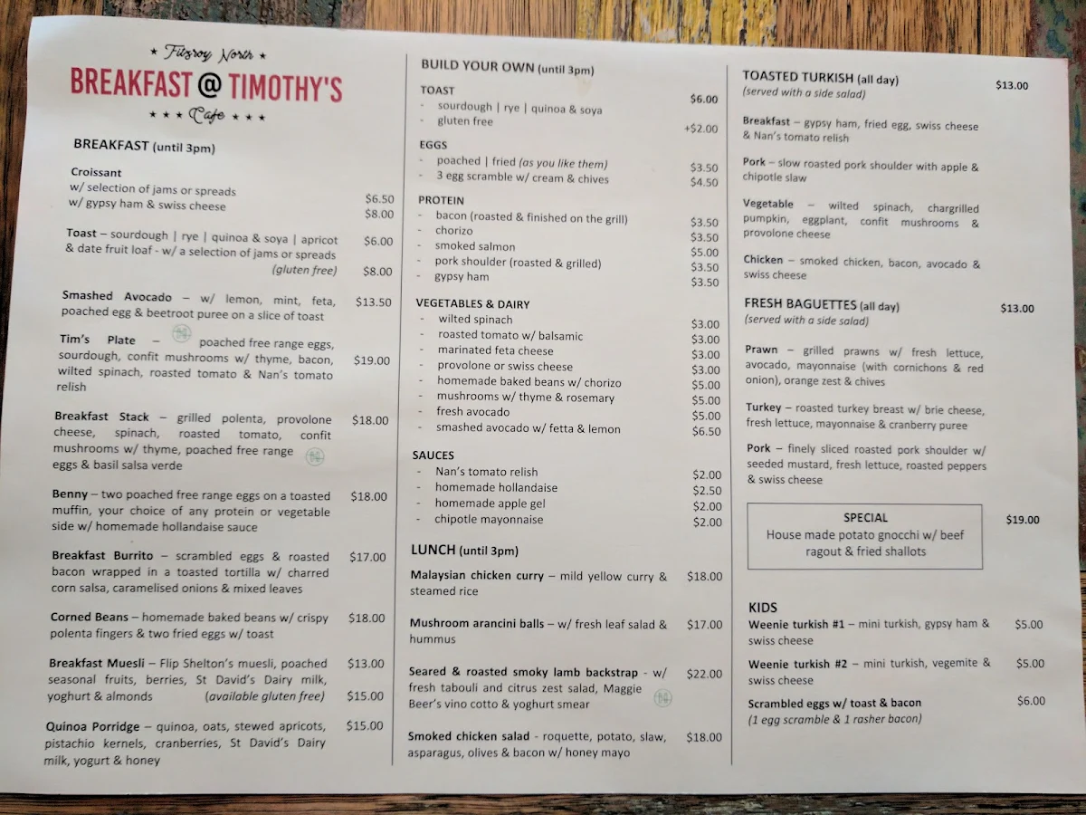 Menu, Pillar Of Pepper cafe
