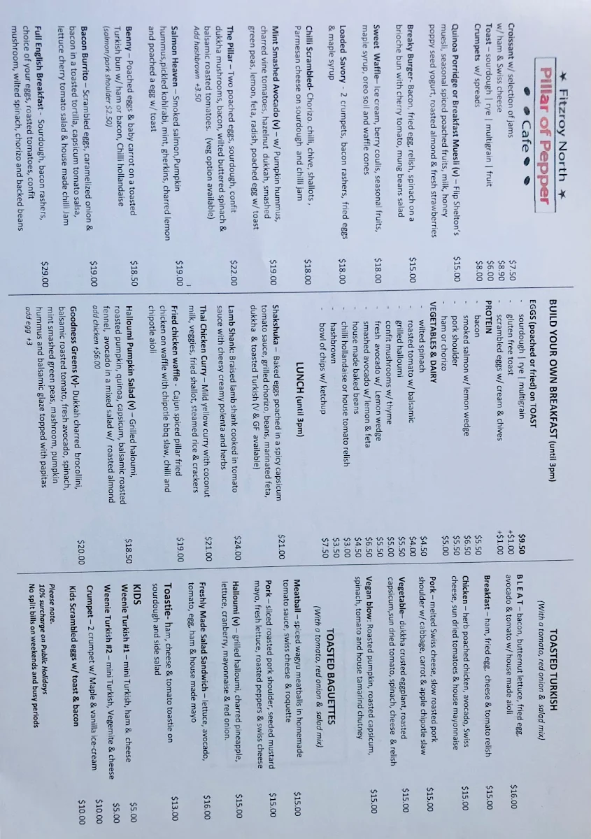 Menu, Pillar Of Pepper cafe