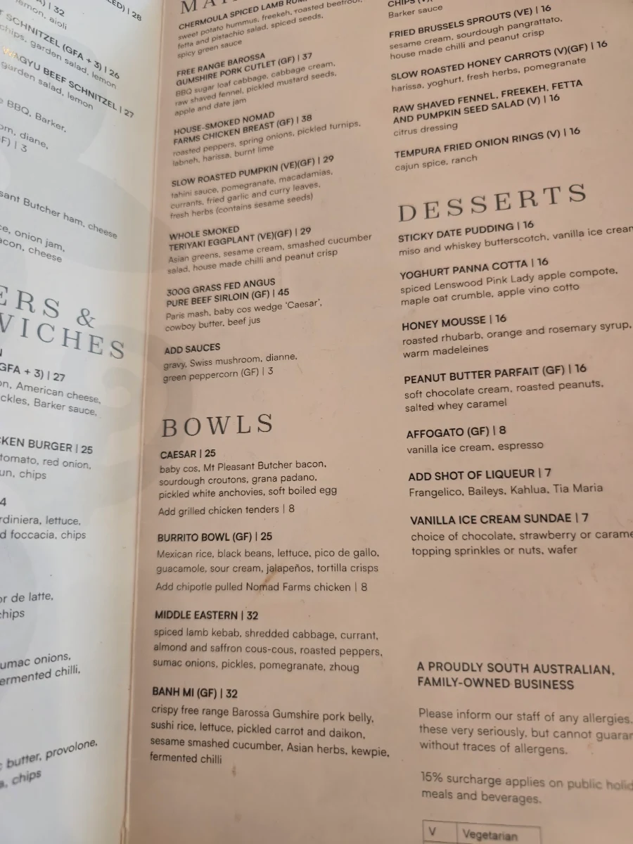 Menu, The Barker Hotel