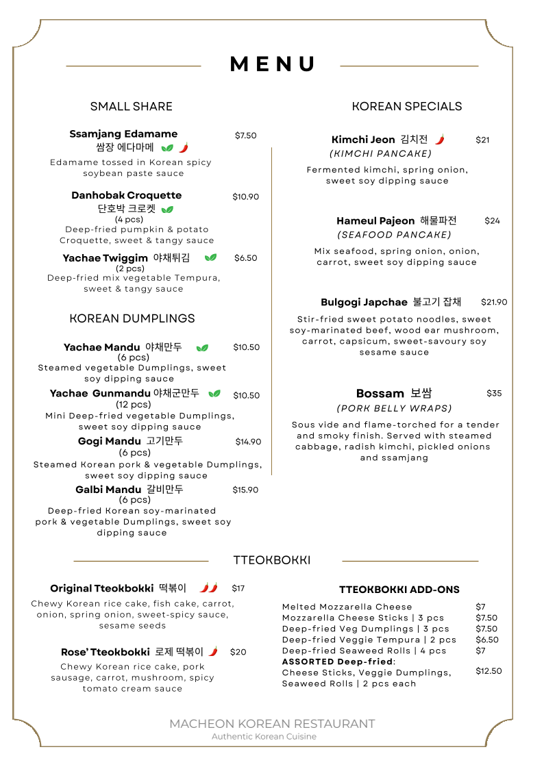 Menu, Macheon Korean Restaurant