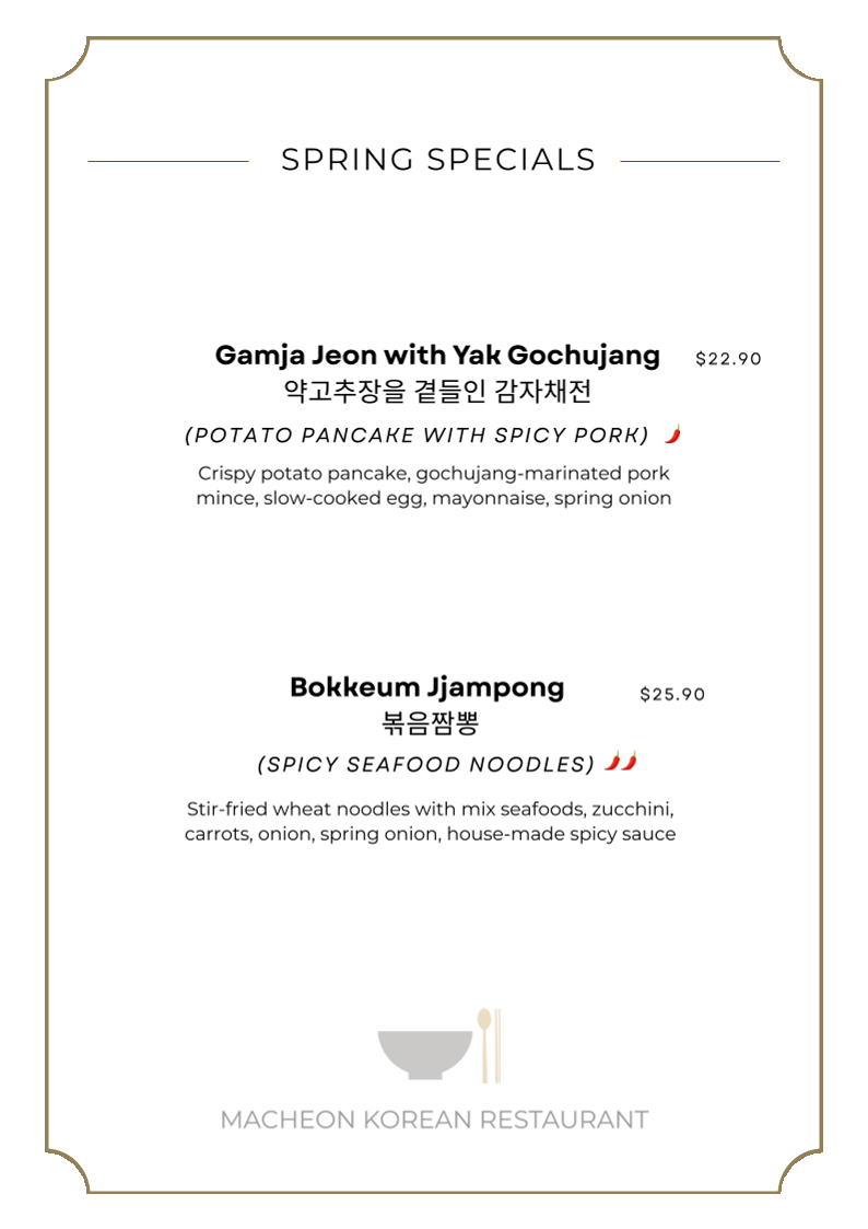 Menu, Macheon Korean Restaurant