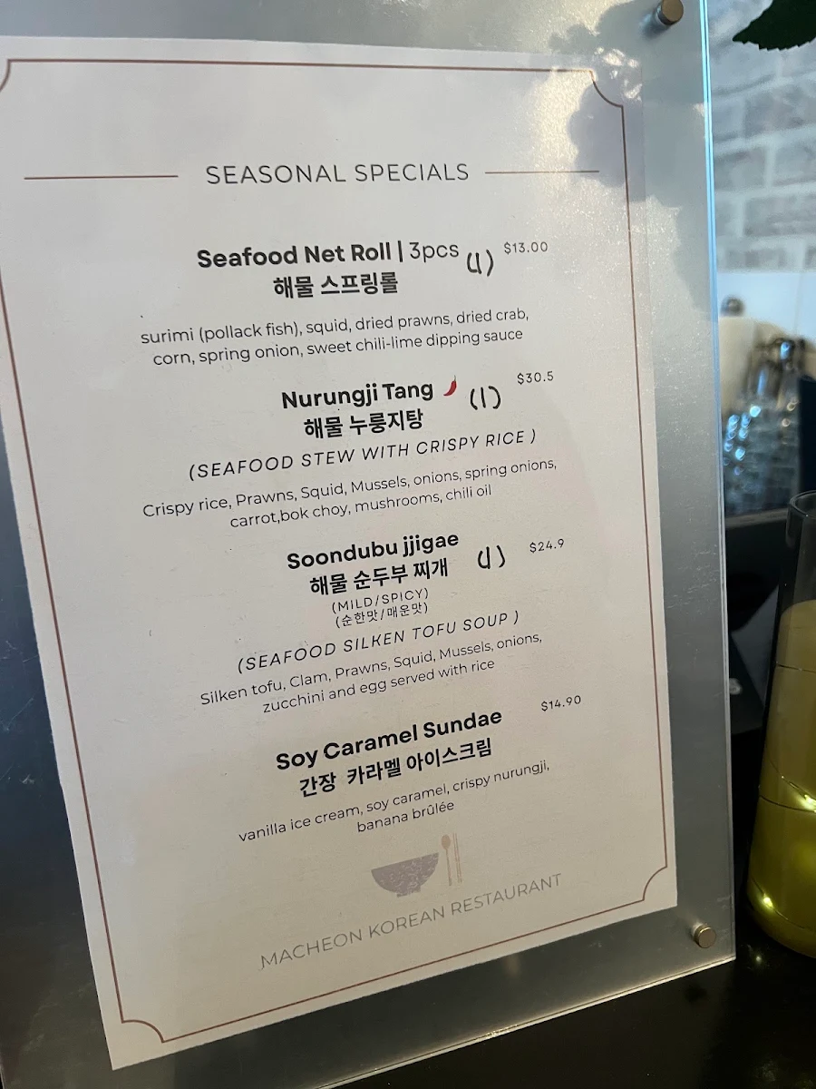 Menu, Macheon Korean Restaurant