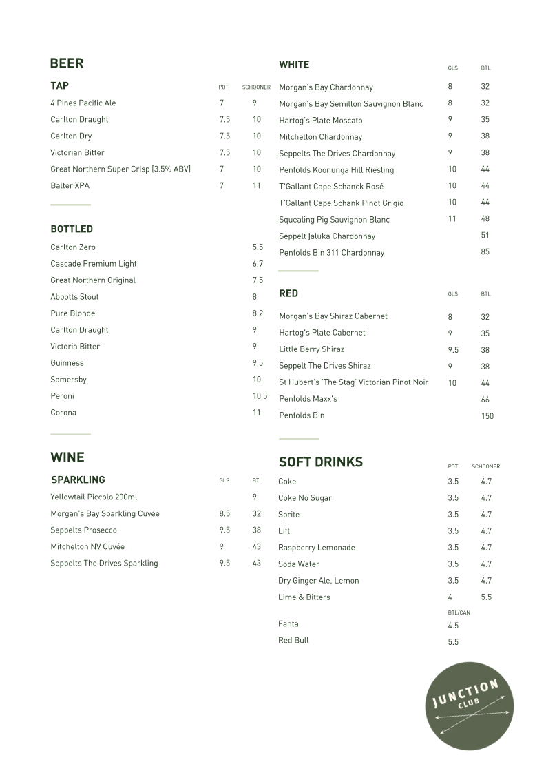 Menu, Junction Club