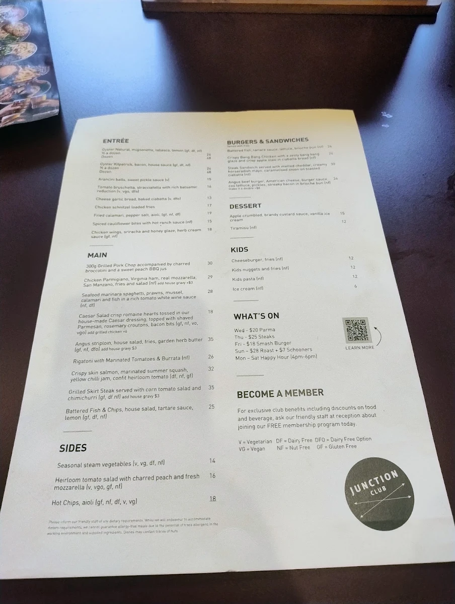 Menu, Junction Club