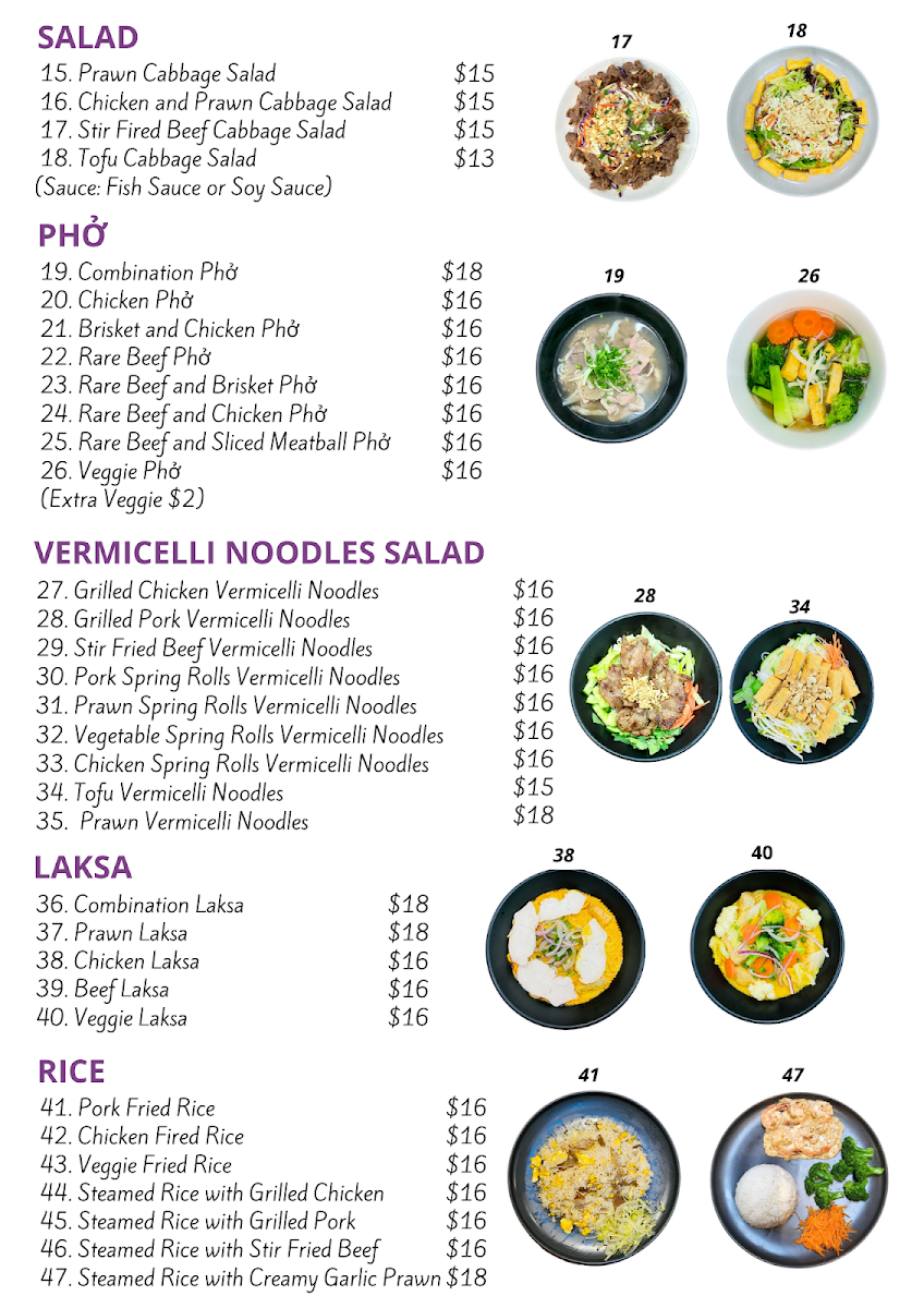 Menu, Pho Downtown