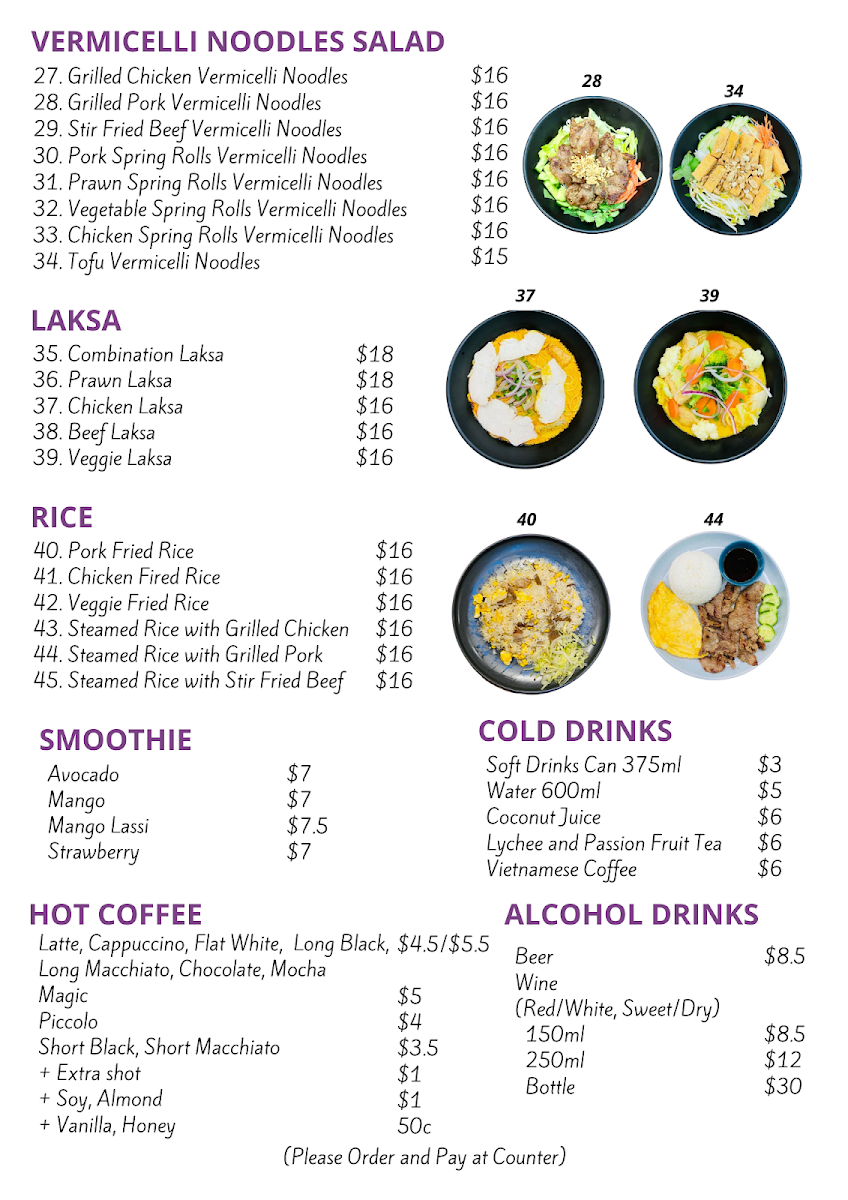 Menu, Pho Downtown