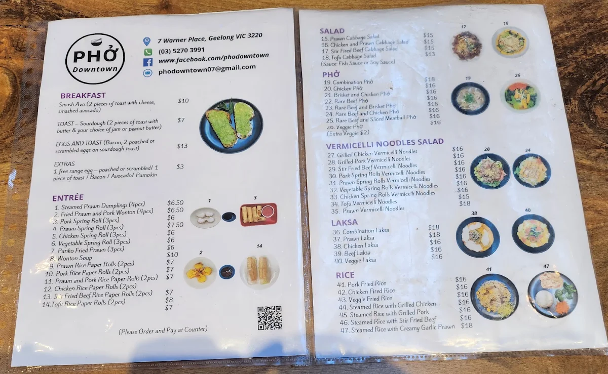 Menu, Pho Downtown
