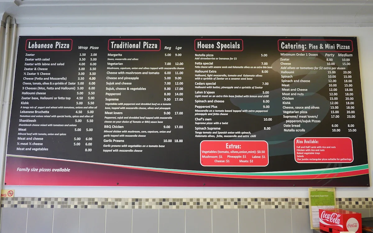 Menu, Cedars Pizza & Bakery