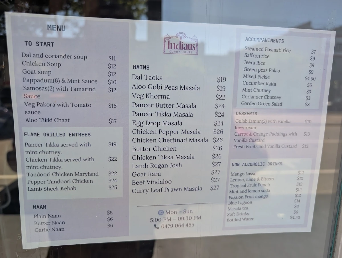 Menu, Indiaus Curry House