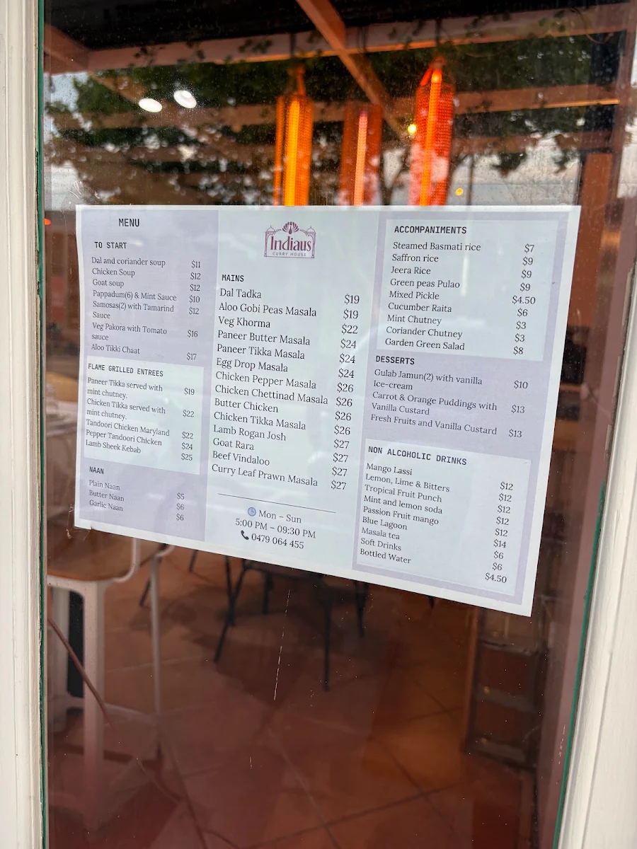 Menu, Indiaus Curry House