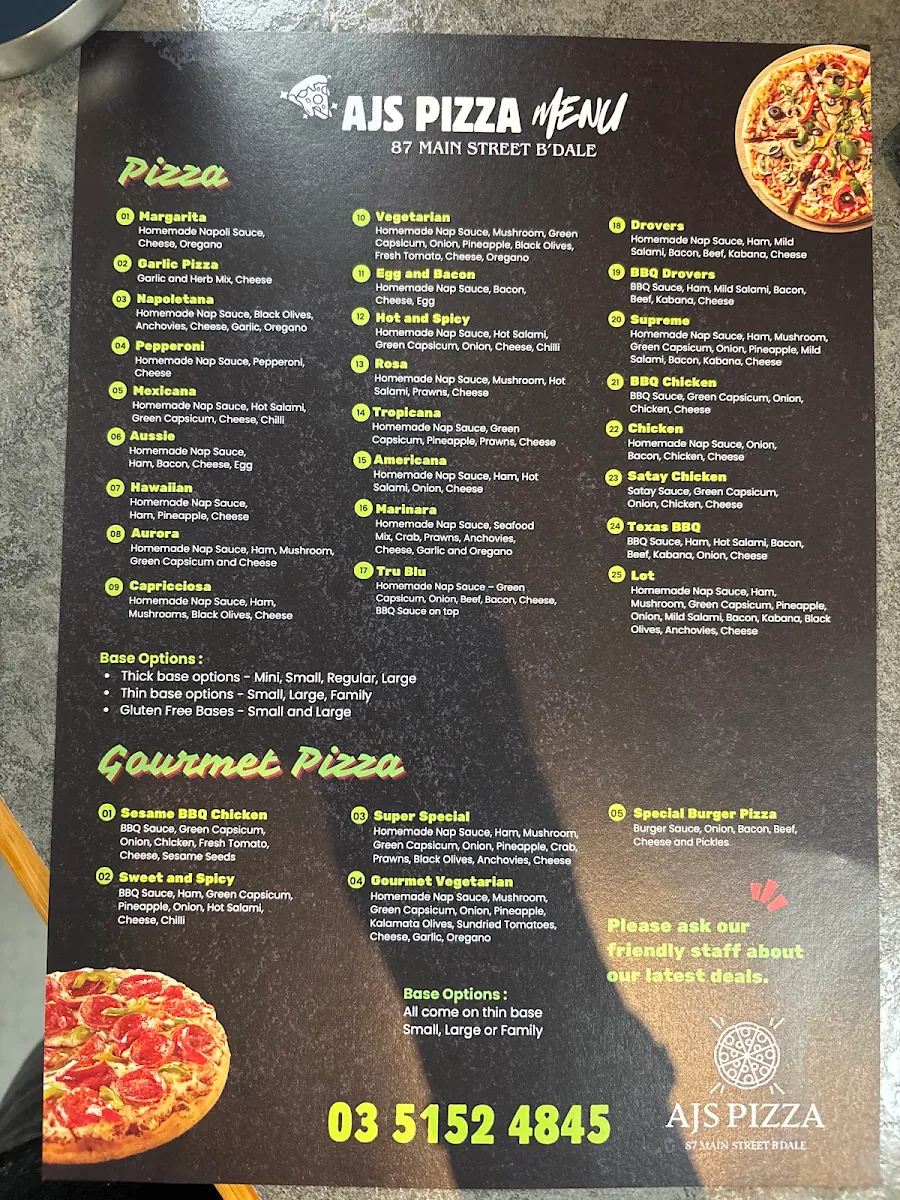 Menu, AJ's Pizza