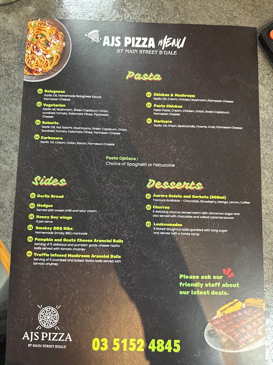 Menu, AJ's Pizza
