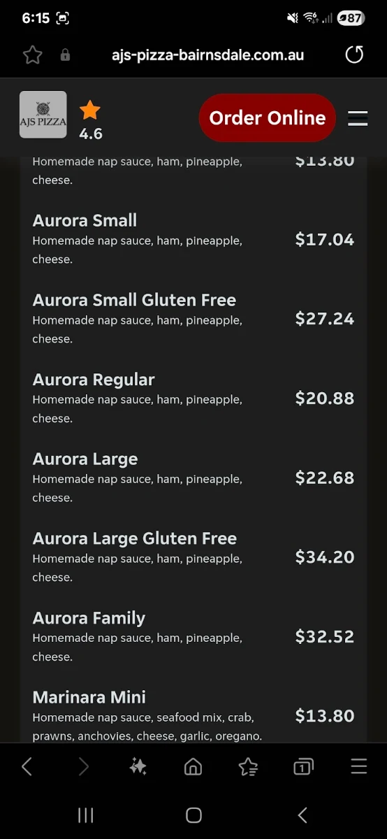 Menu, AJ's Pizza