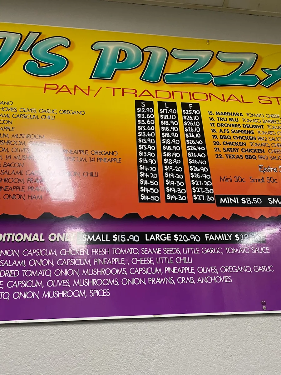 Menu, AJ's Pizza