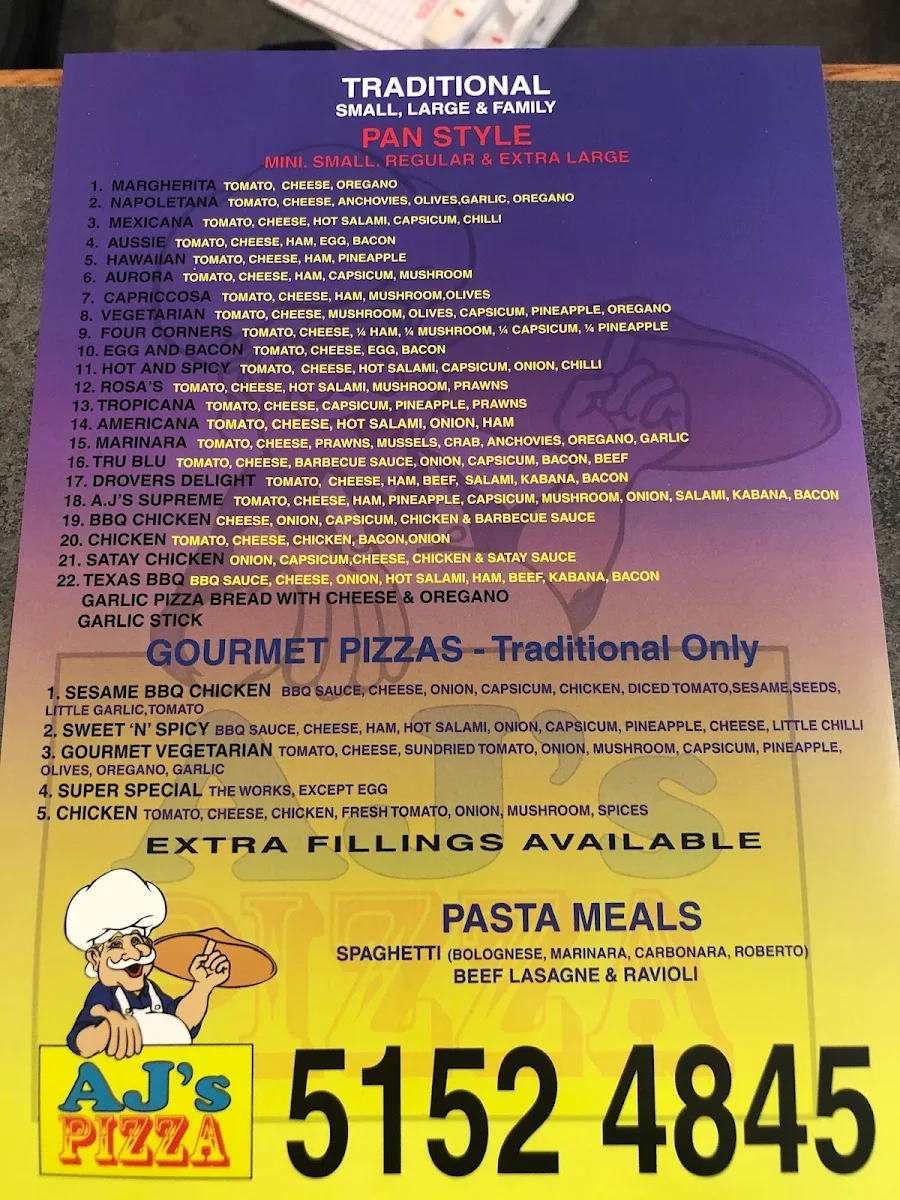 Menu, AJ's Pizza