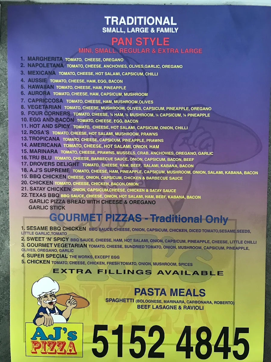 Menu, AJ's Pizza