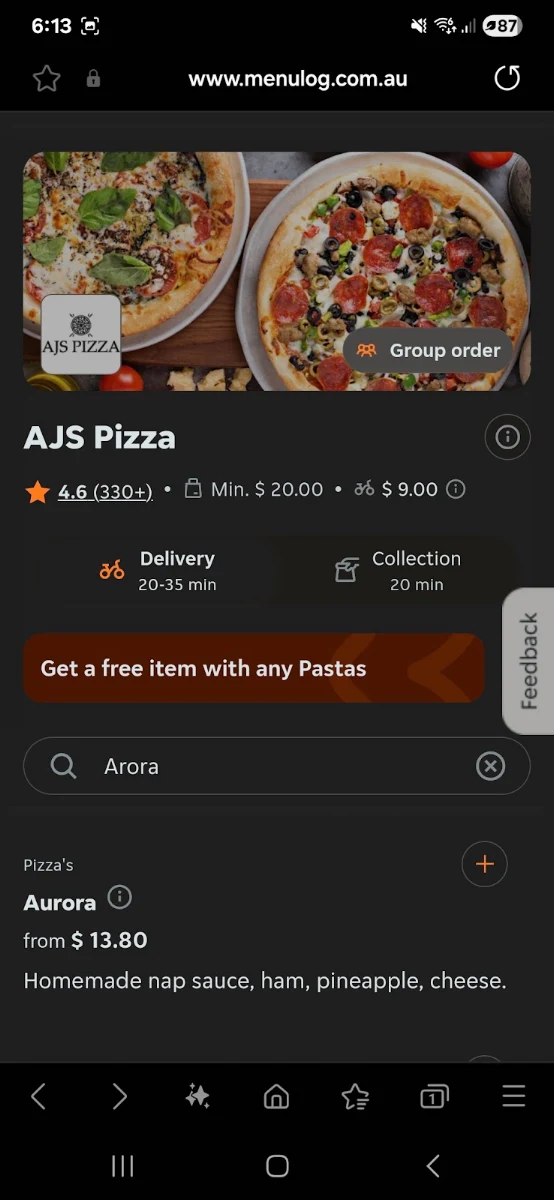 Menu, AJ's Pizza