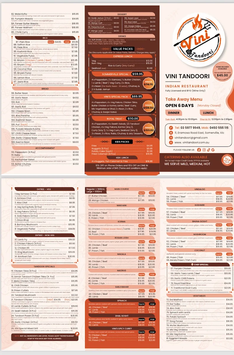 Menu, Vini Tandoori Indian Restaurant