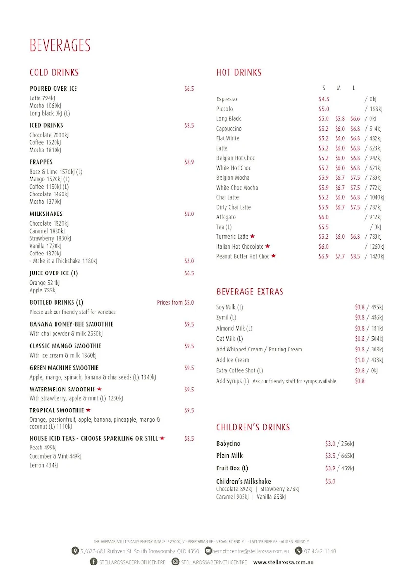 Menu, Stellarossa Bernoth Centre