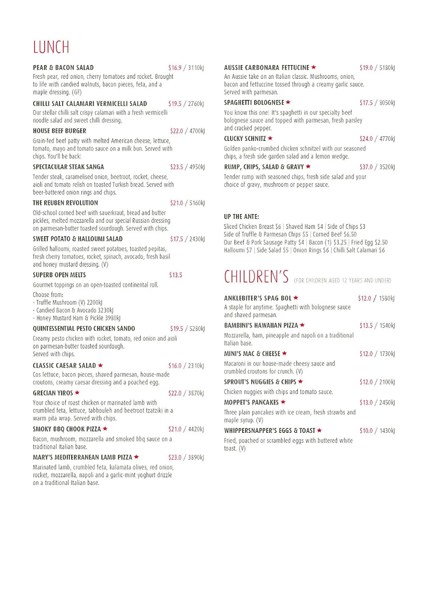 Menu, Stellarossa Bernoth Centre
