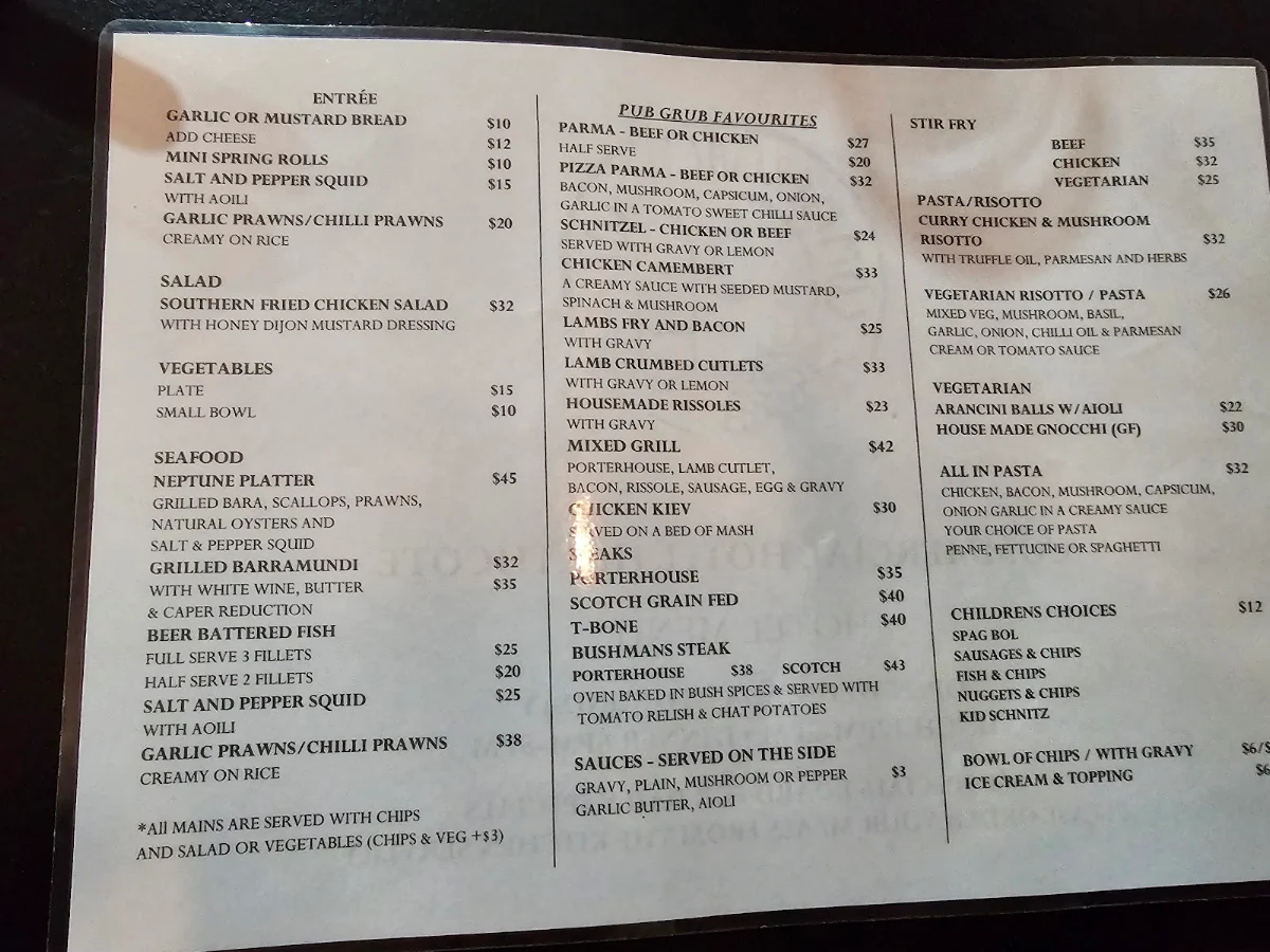 Menu, Commercial Hotel Heathcote