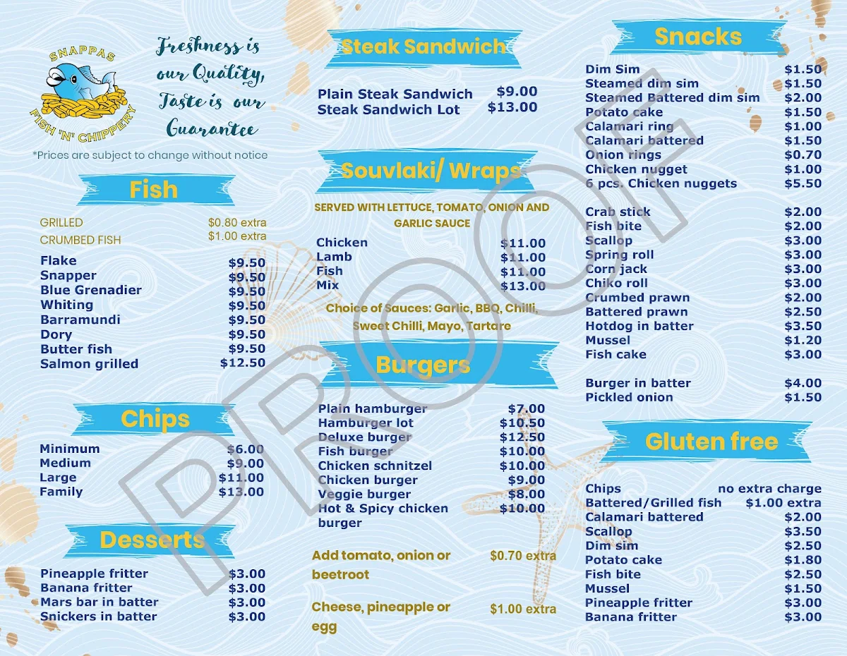 Menu, Snappas Fish 'n' Chippery