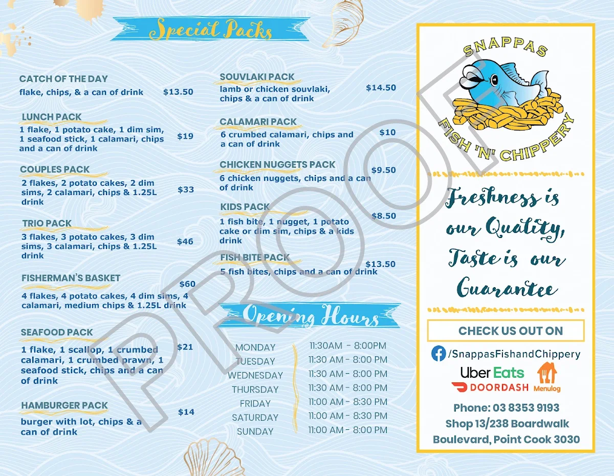 Menu, Snappas Fish 'n' Chippery