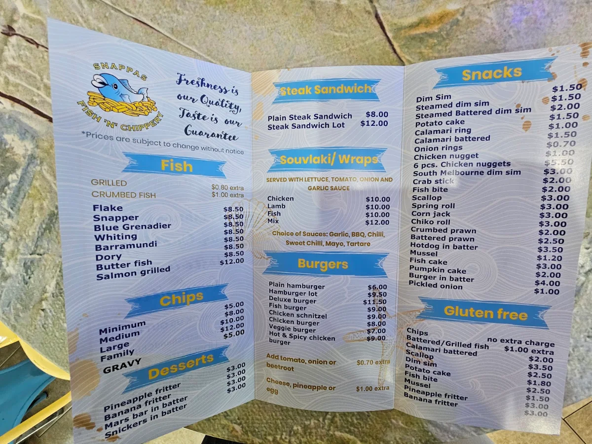 Menu, Snappas Fish 'n' Chippery