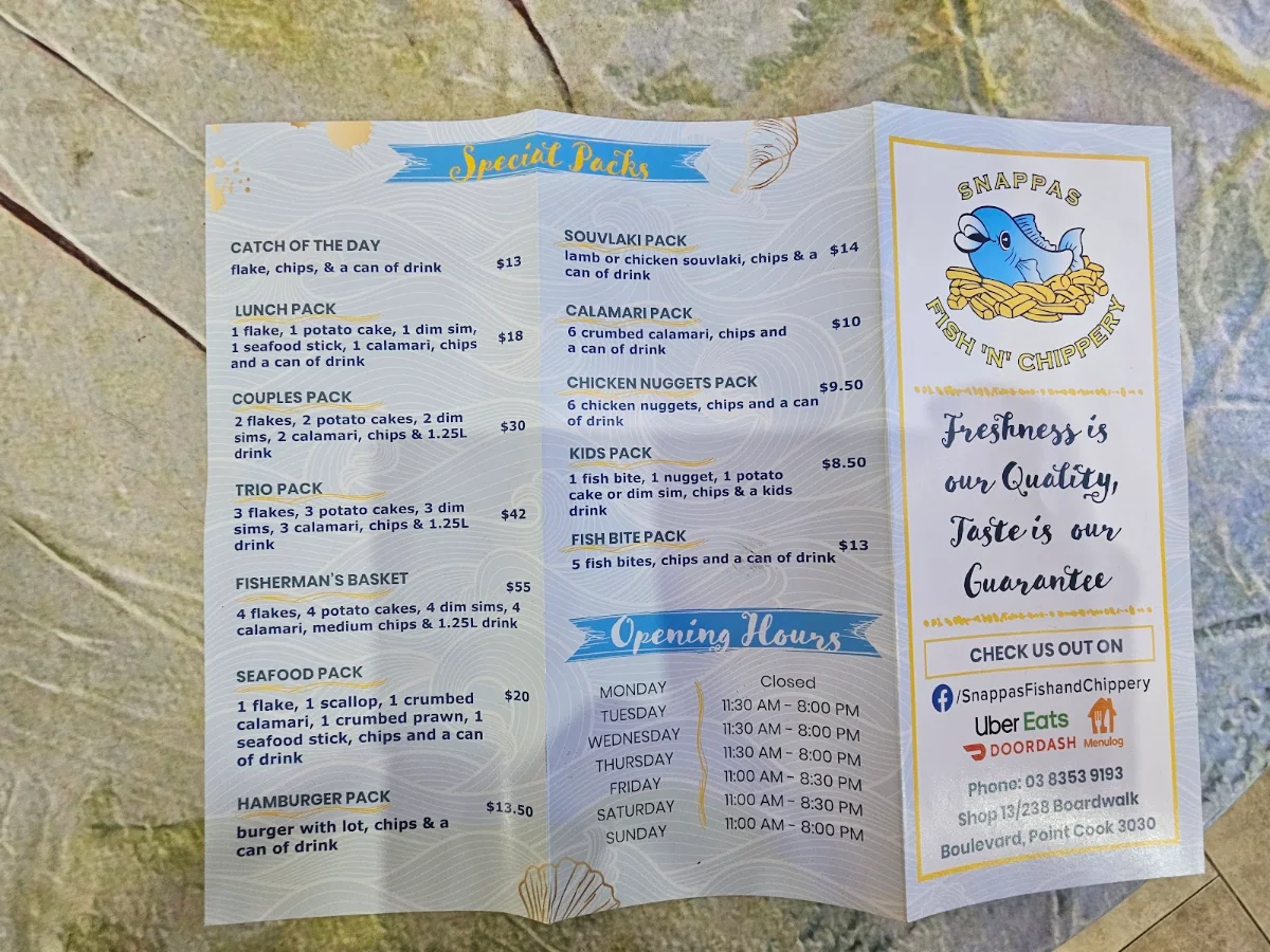 Menu, Snappas Fish 'n' Chippery