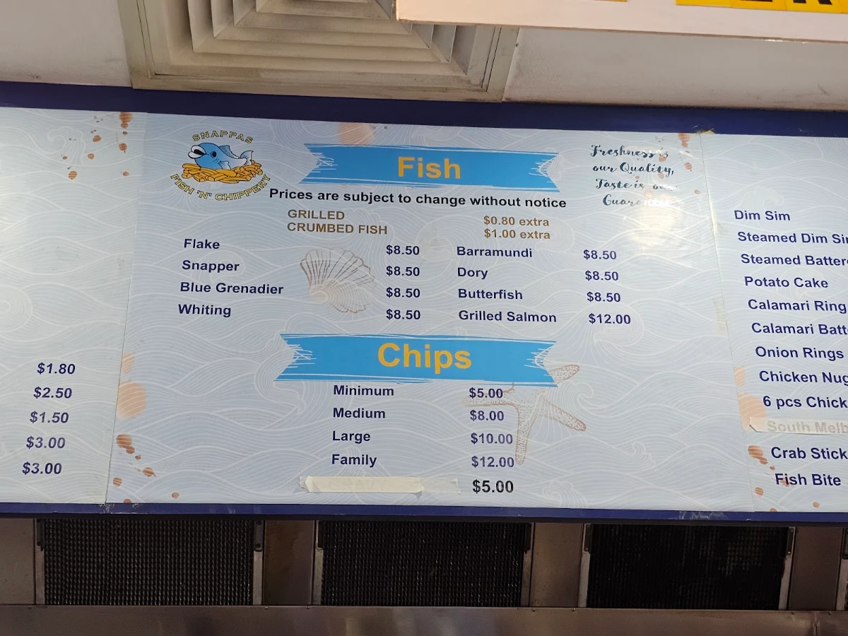Menu, Snappas Fish 'n' Chippery