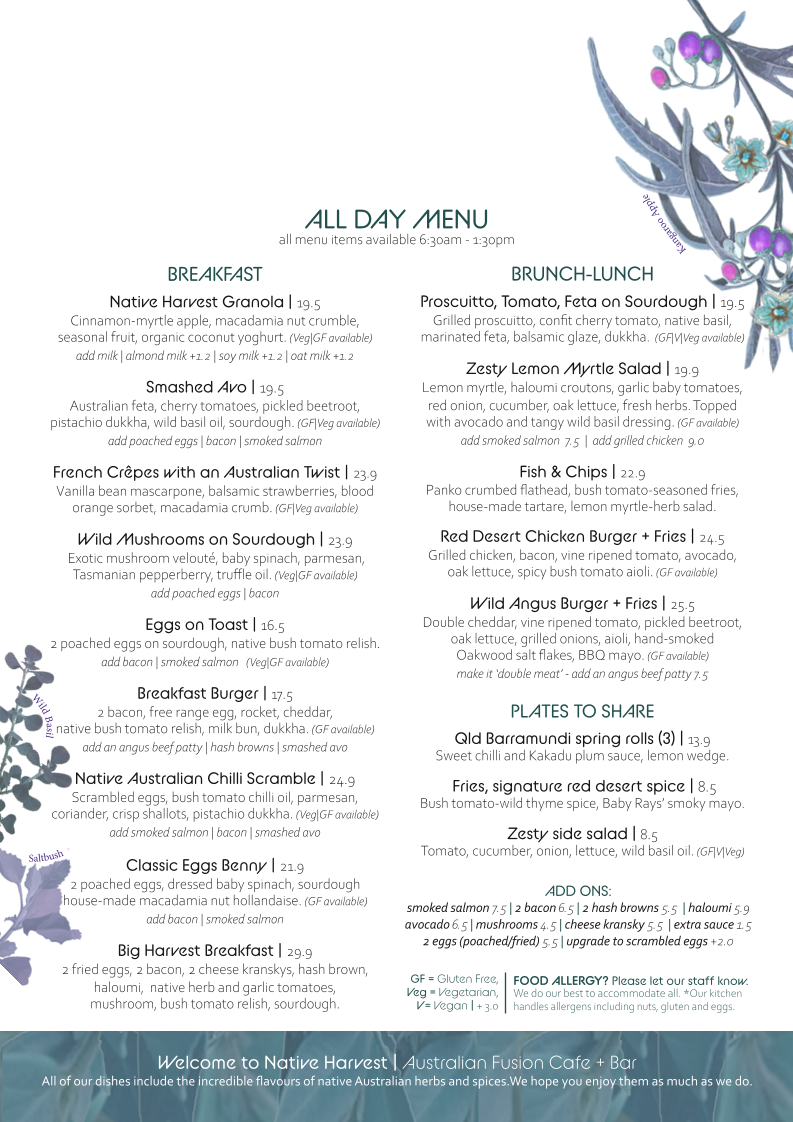 Menu, Native Harvest Cafe