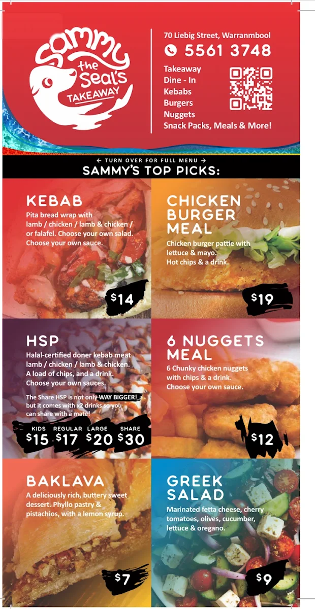 Menu, Sammy The Seal Kebab