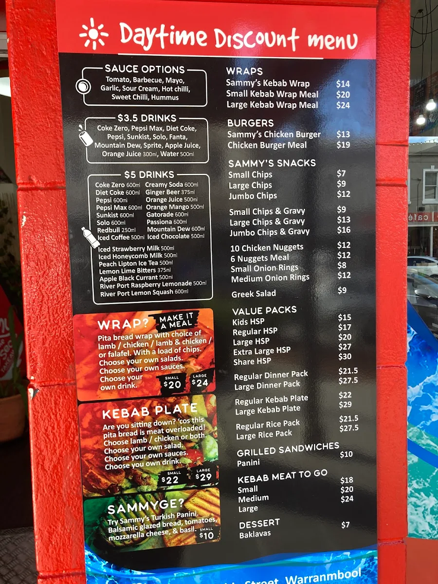 Menu, Sammy The Seal Kebab