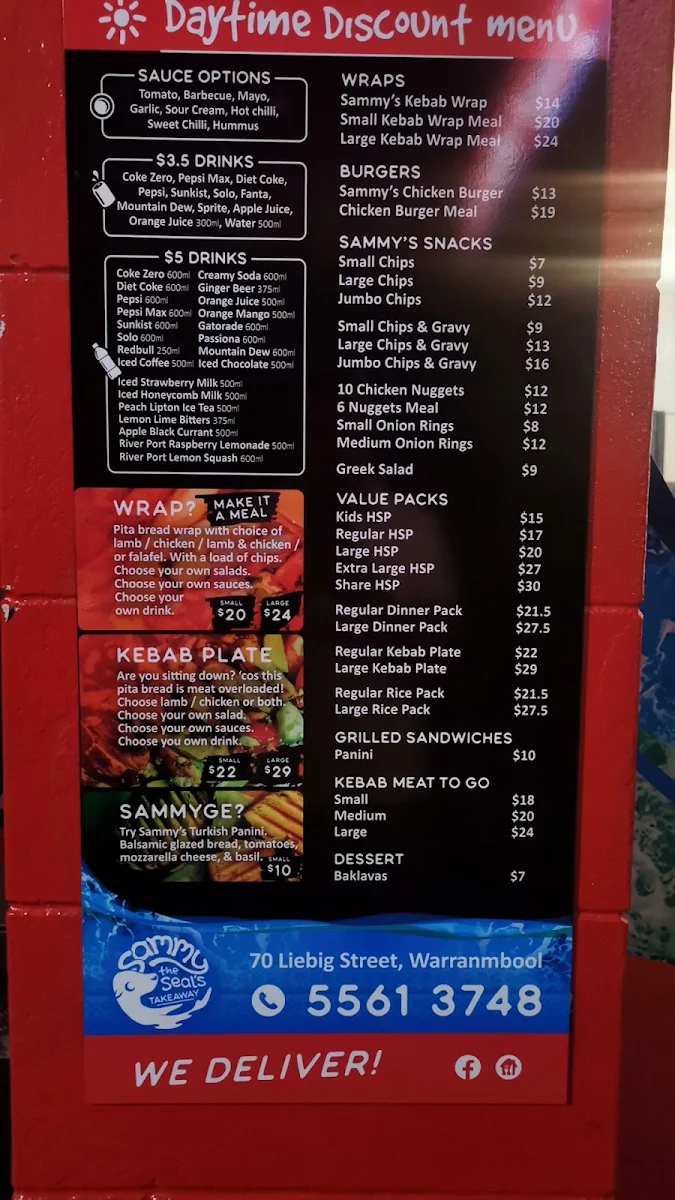 Menu, Sammy The Seal Kebab