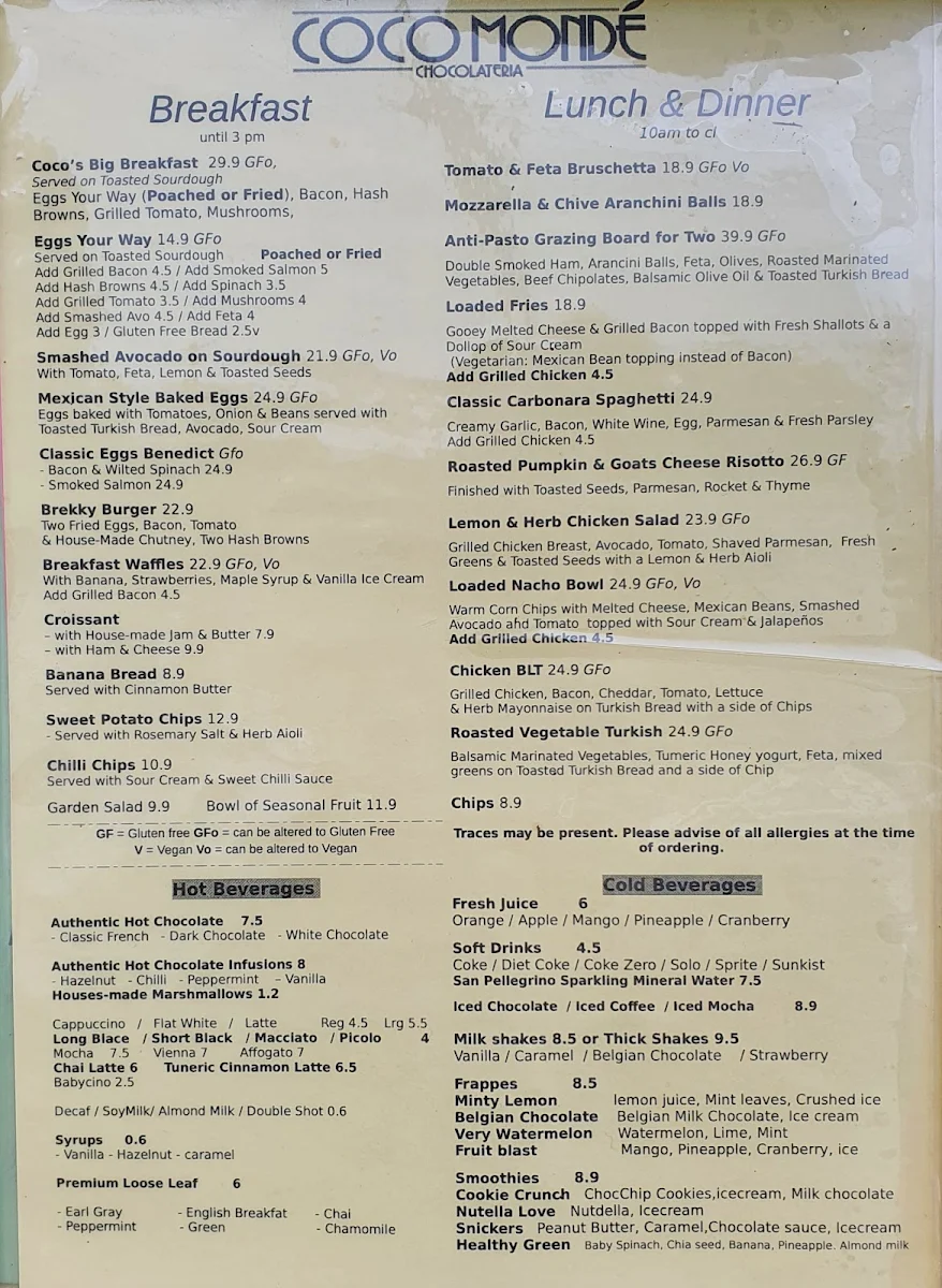 Menu, Coco Monde Chocolateria