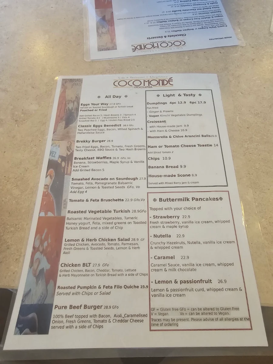 Menu, Coco Monde Chocolateria