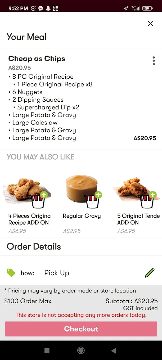 Menu, KFC Mooroopna