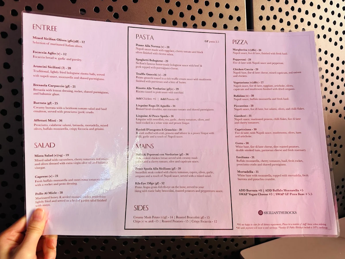 Menu, Sicilian Italian Restaurant & Pizzeria The Rocks