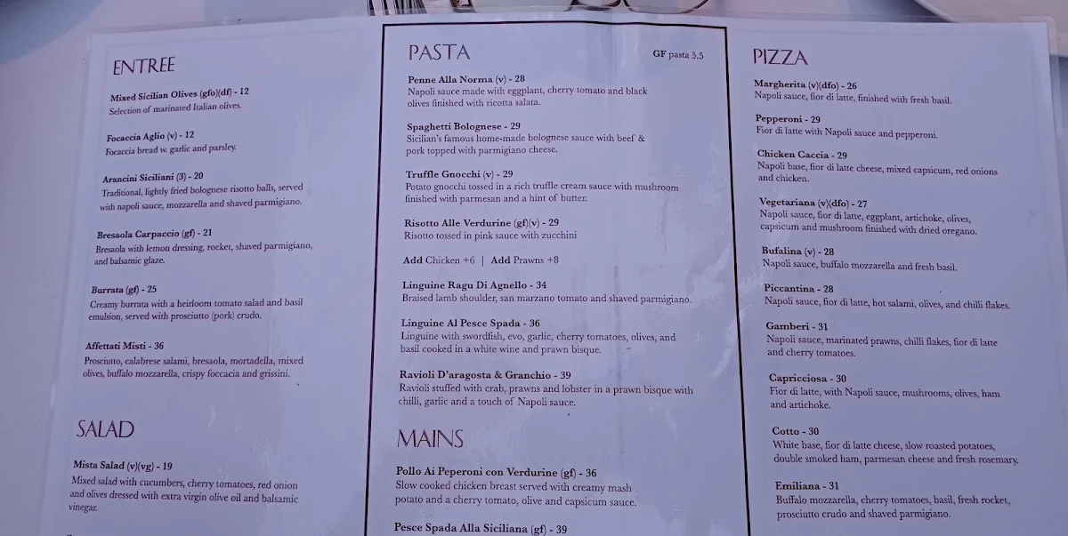 Menu, Sicilian Italian Restaurant & Pizzeria The Rocks