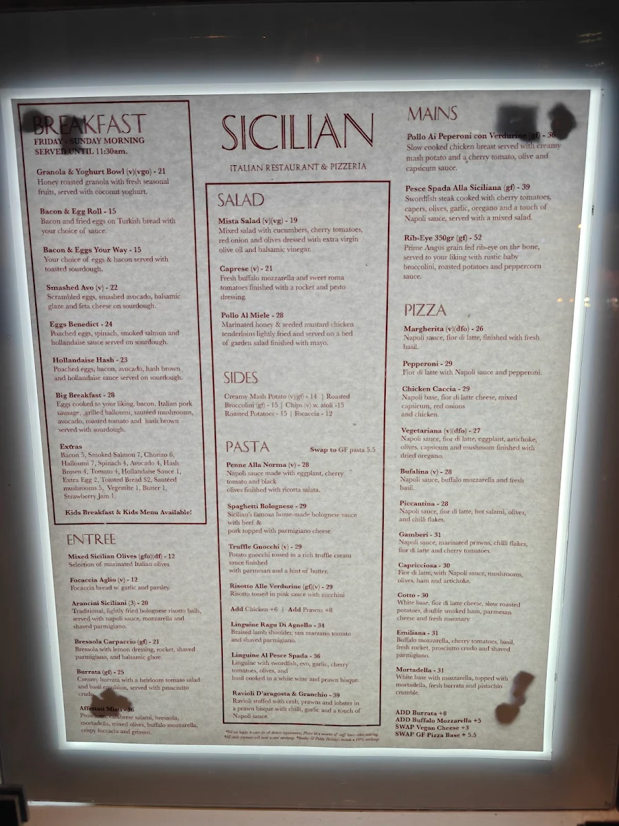 Menu, Sicilian Italian Restaurant & Pizzeria The Rocks