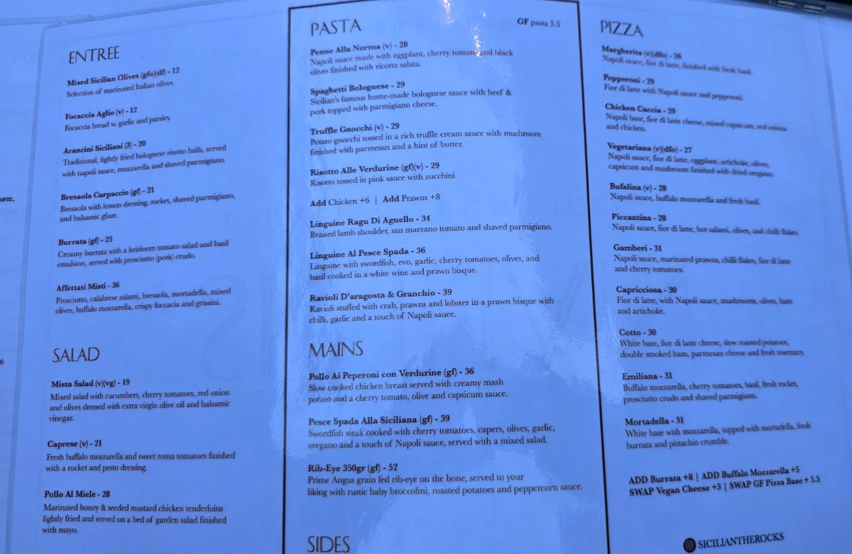 Menu, Sicilian Italian Restaurant & Pizzeria The Rocks