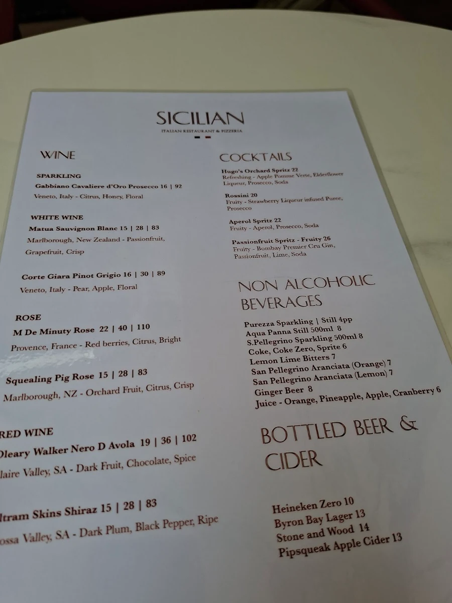 Menu, Sicilian Italian Restaurant & Pizzeria The Rocks