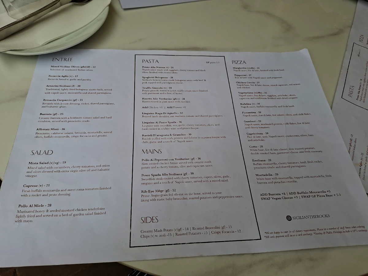 Menu, Sicilian Italian Restaurant & Pizzeria The Rocks