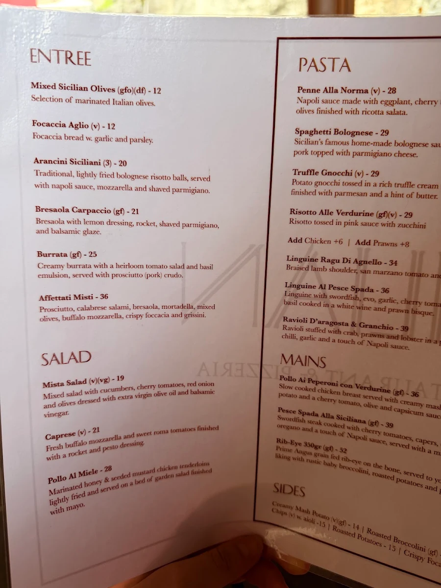 Menu, Sicilian Italian Restaurant & Pizzeria The Rocks